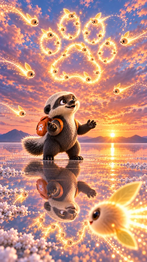 BADI watches glowing fireflies form a paw in the sunset sky, reflected in the water