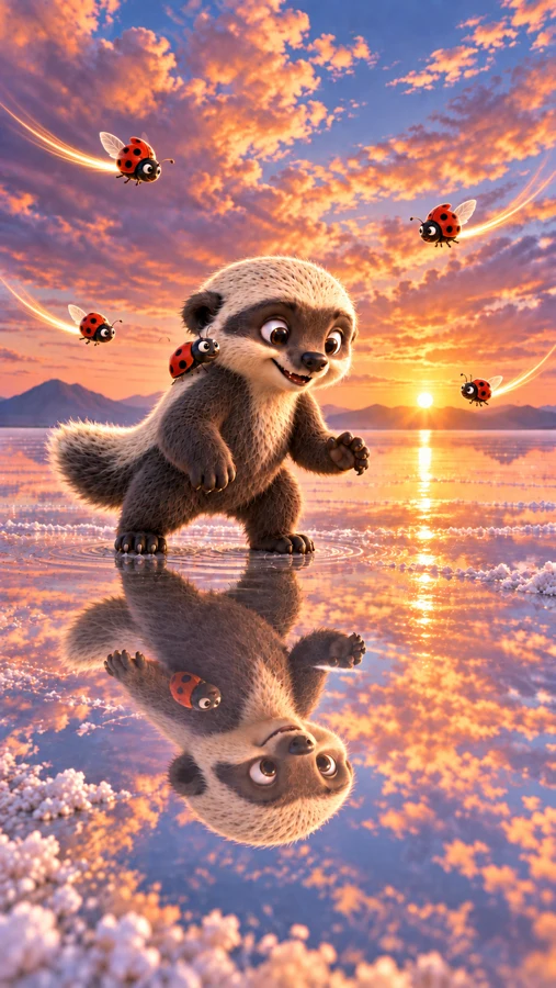 BADI meets ladybugs above shimmering water at sunset